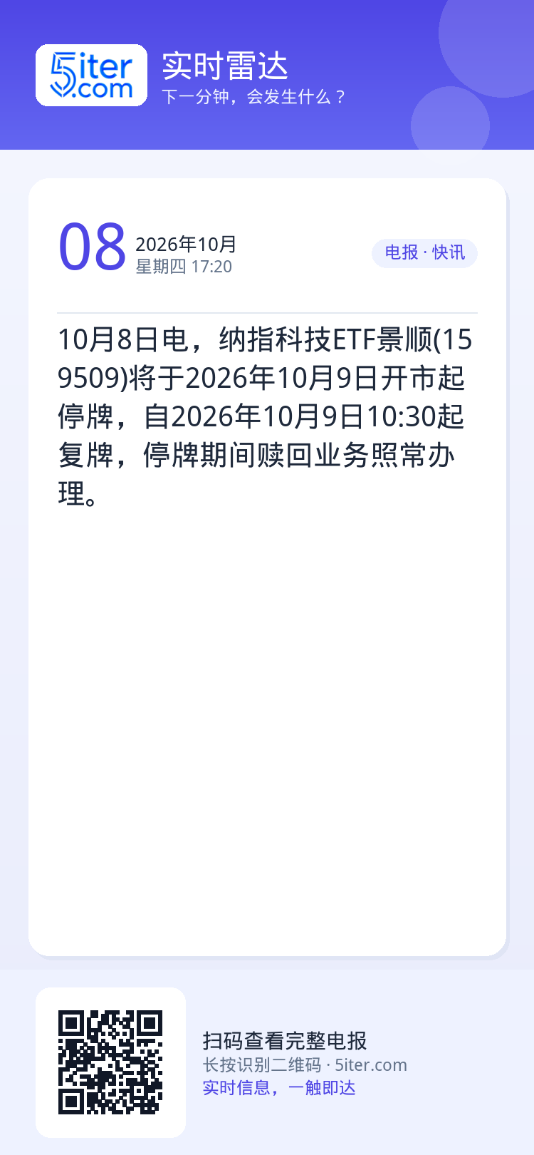 10月8日电，纳指科技ETF景顺(159509)将于2026年10月9日开市起停牌，自2026年10月9日10:30起复