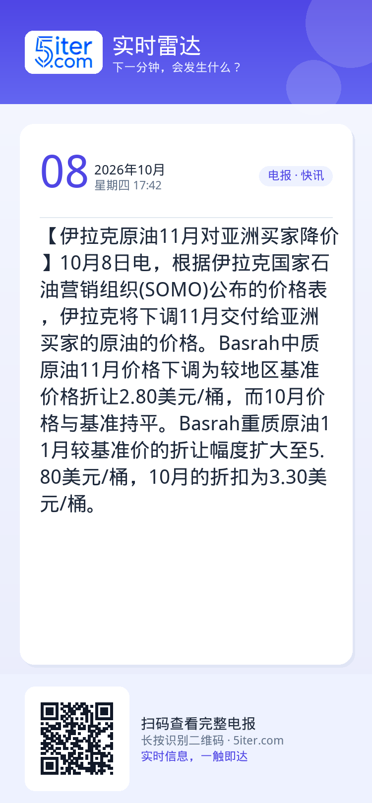 【伊拉克原油11月对亚洲买家降价】10月8日电，根据伊拉克国家石油营销组织(SOMO)公布的价格表，伊拉克将下调11月交