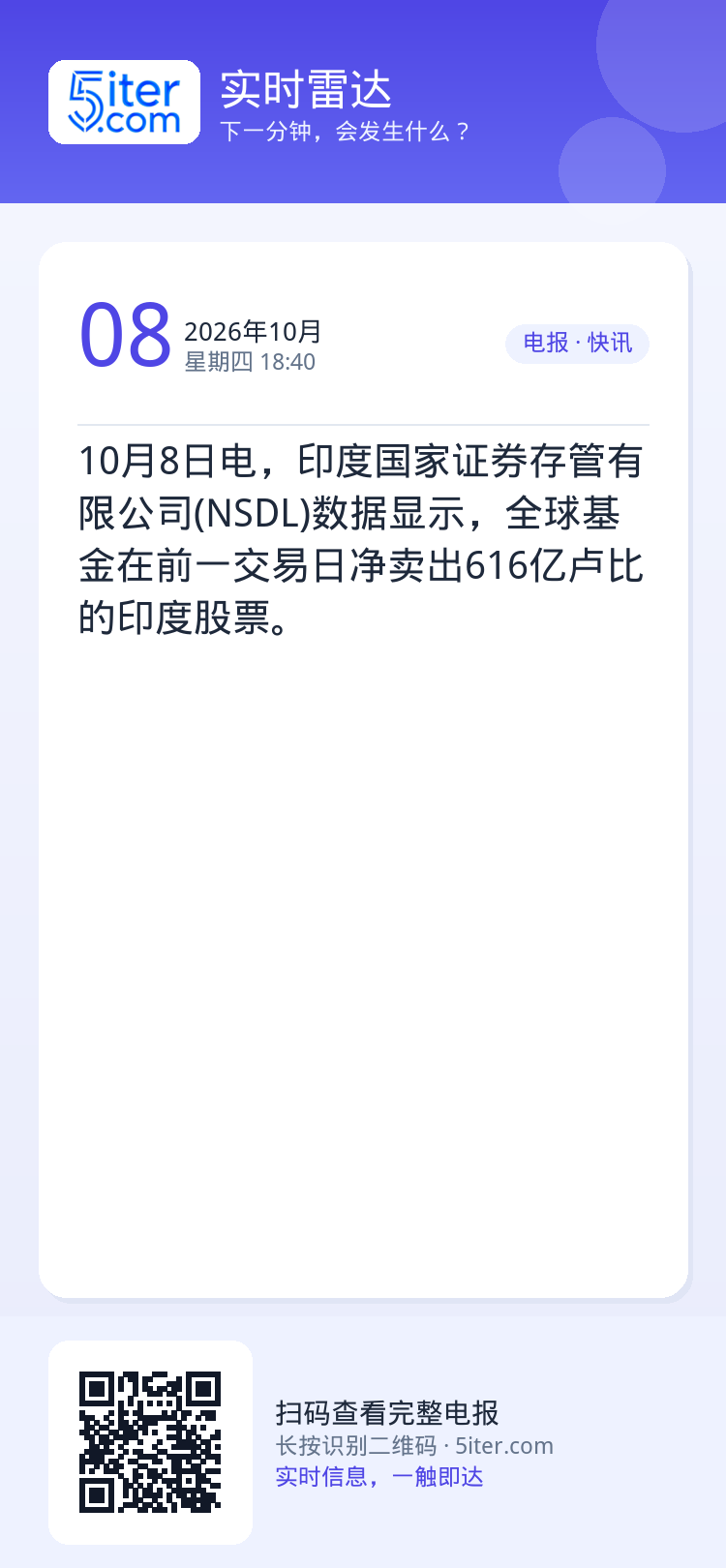 10月8日电，印度国家证券存管有限公司(NSDL)数据显示，全球基金在前一交易日净卖出616亿卢比的印度股票。