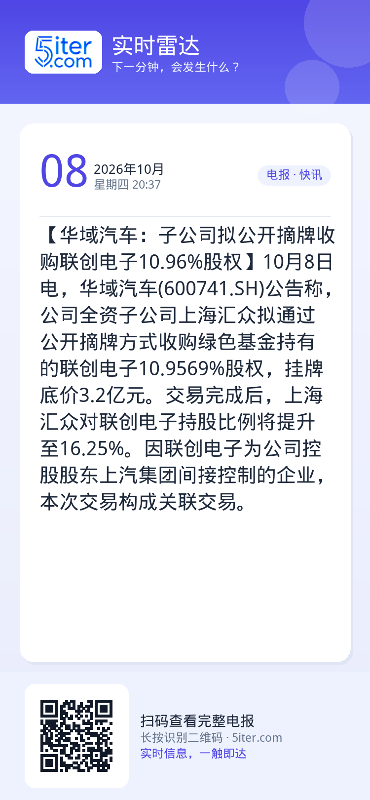 【华域汽车：子公司拟公开摘牌收购联创电子10.96%股权】10月8日电，华域汽车(600741.SH)公告称，公司全资子