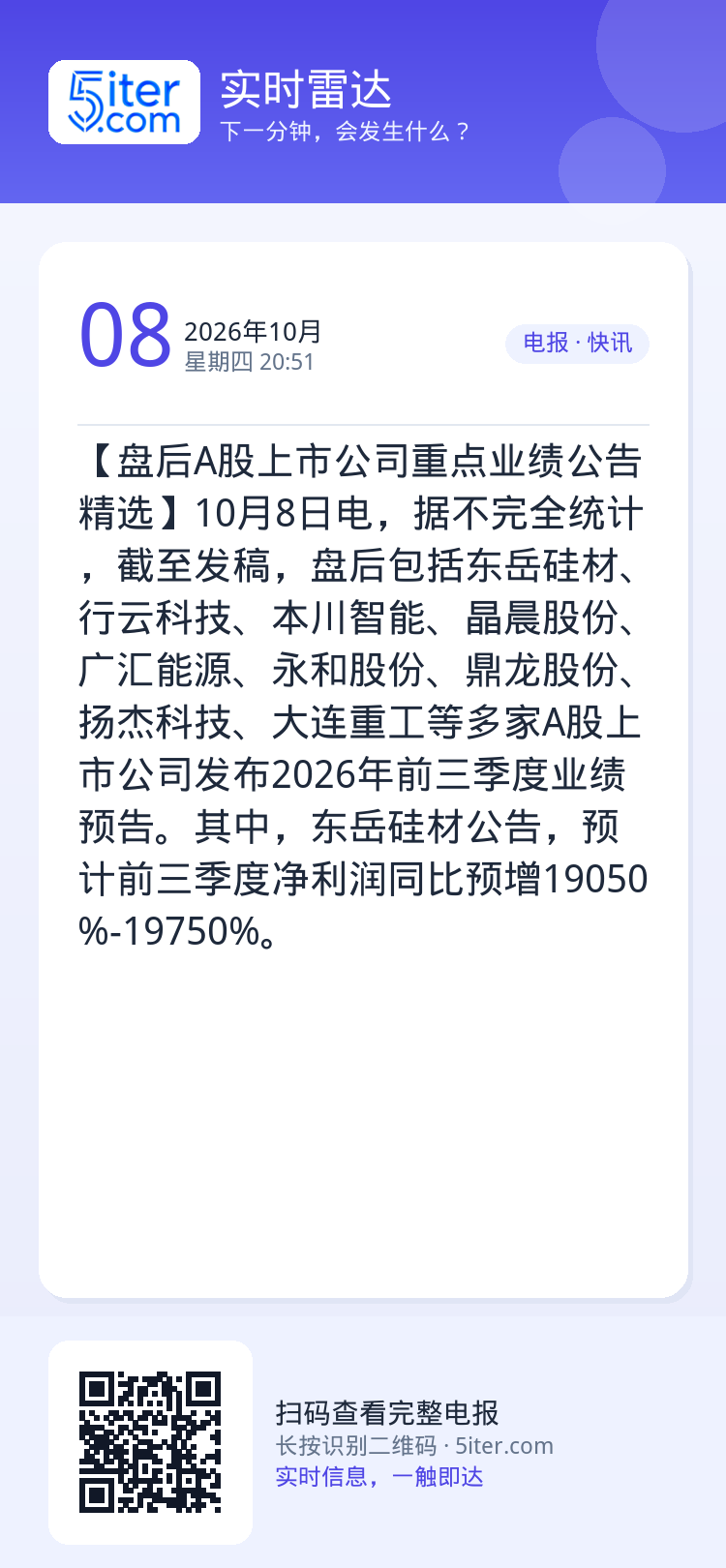 【盘后A股上市公司重点业绩公告精选】10月8日电，据不完全统计，截至发稿，盘后包括东岳硅材、行云科技、本川智能、晶晨股份