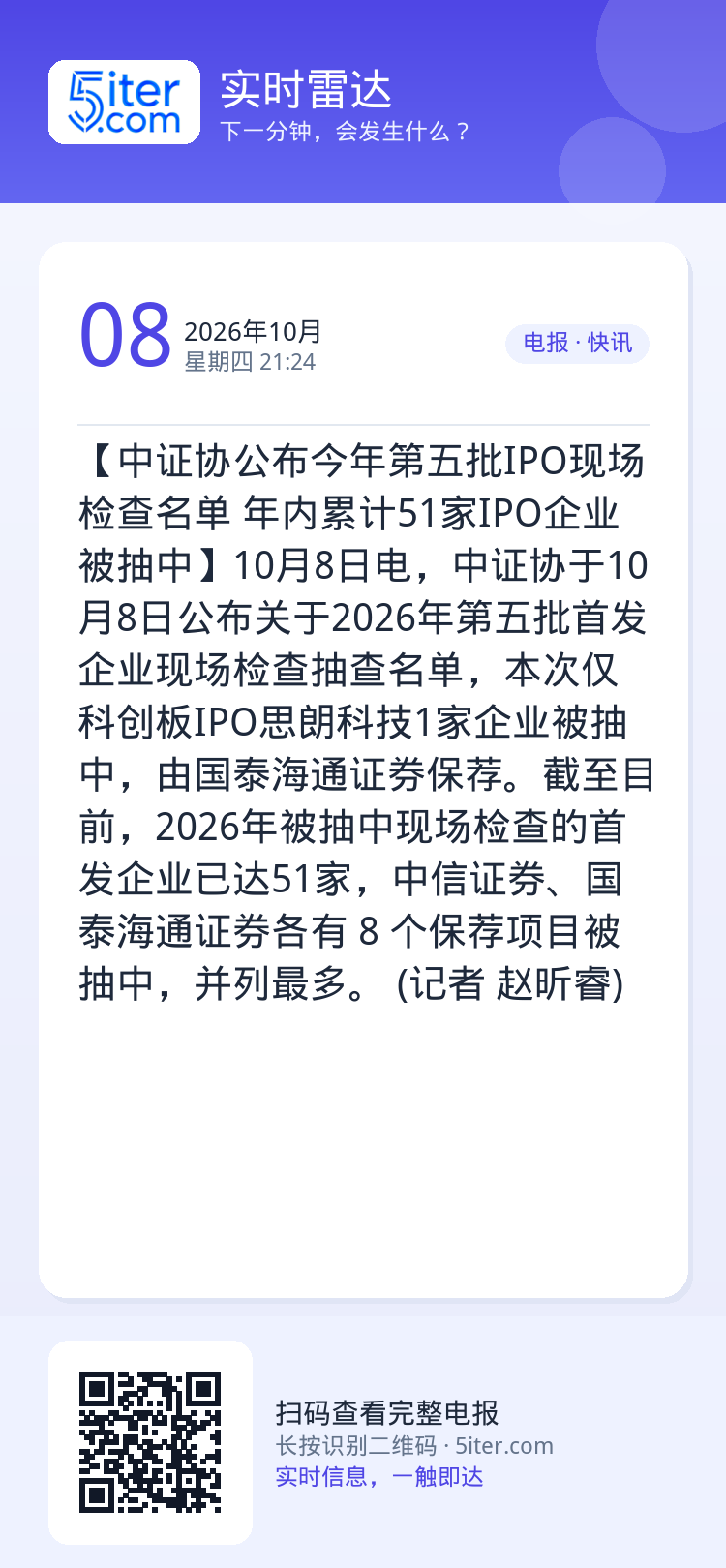 【中证协公布今年第五批IPO现场检查名单 年内累计51家IPO企业被抽中】10月8日电，中证协于10月8日公布关于202