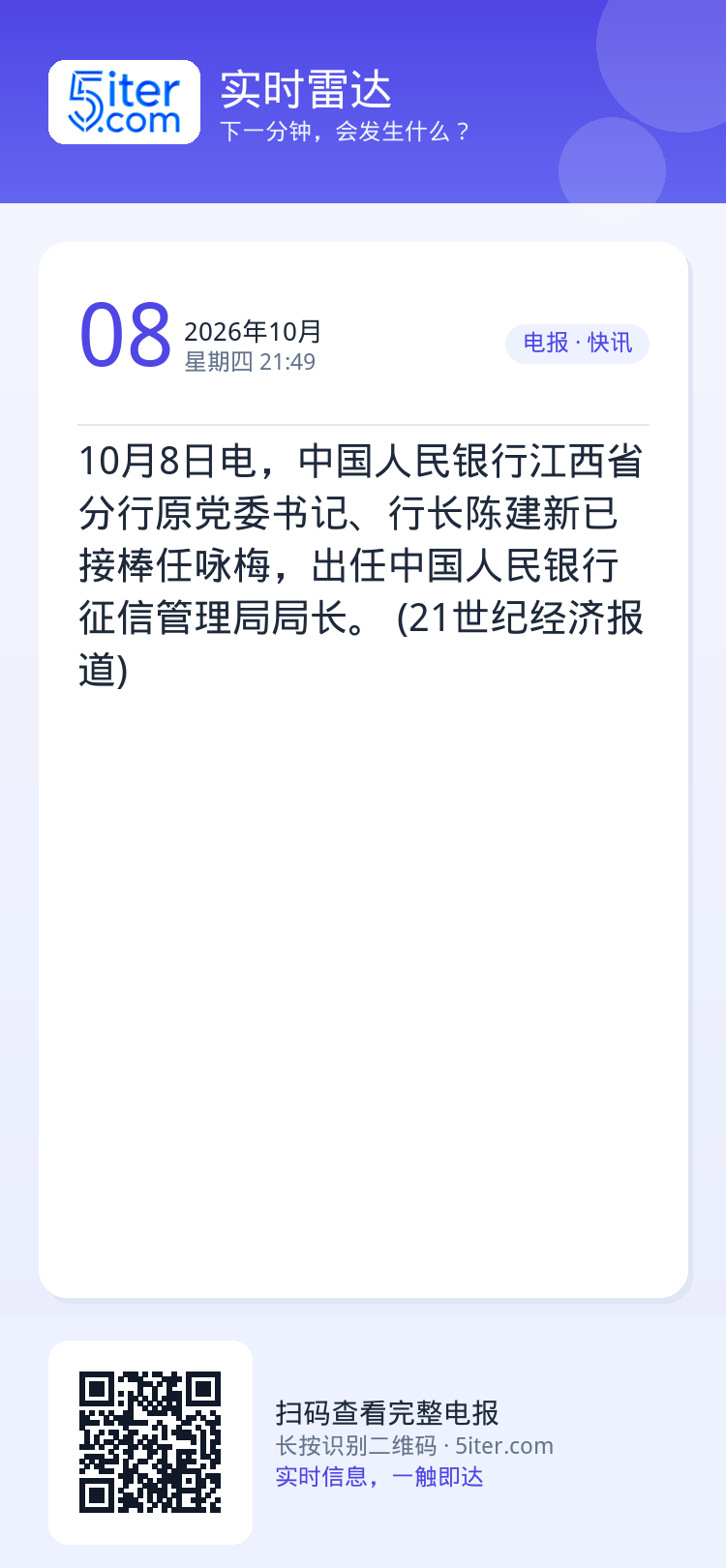 10月8日电，中国人民银行江西省分行原党委书记、行长陈建新已接棒任咏梅，出任中国人民银行征信管理局局长。 (21世纪经济