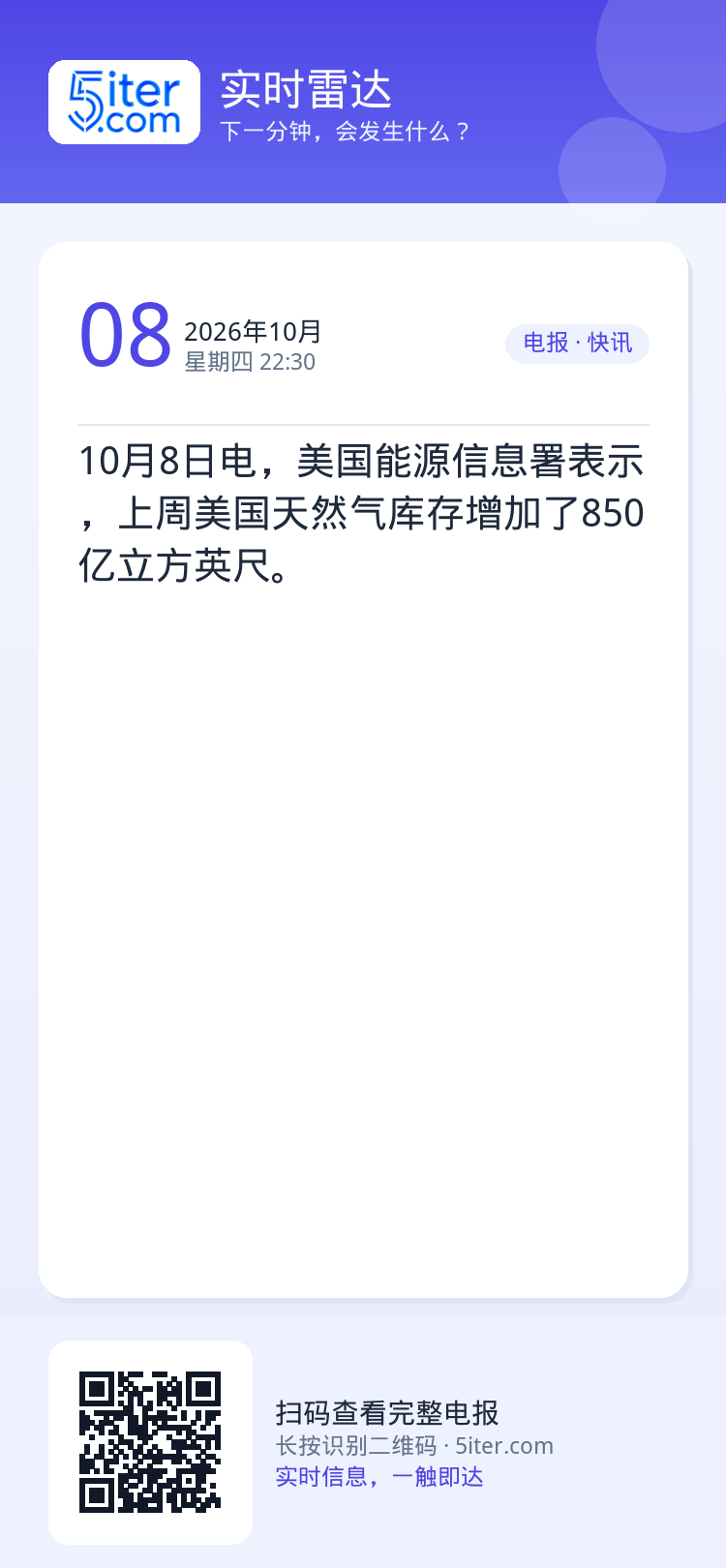 10月8日电，美国能源信息署表示，上周美国天然气库存增加了850亿立方英尺。