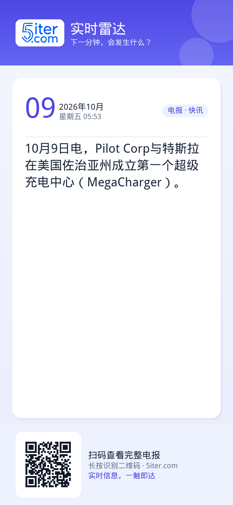 10月9日电，Pilot Corp与特斯拉在美国佐治亚州成立第一个超级充电中心（MegaCharger）。