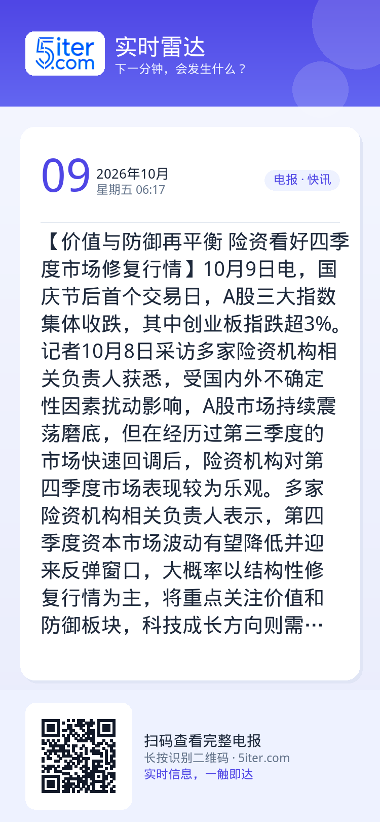 【价值与防御再平衡 险资看好四季度市场修复行情】10月9日电，国庆节后首个交易日，A股三大指数集体收跌，其中创业板指跌超