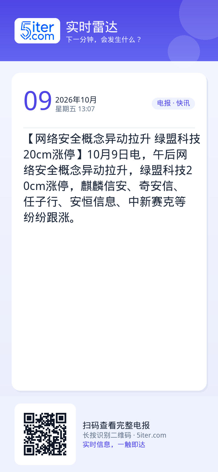 【网络安全概念异动拉升 绿盟科技20cm涨停】10月9日电，午后网络安全概念异动拉升，绿盟科技20cm涨停，麒麟信安、奇