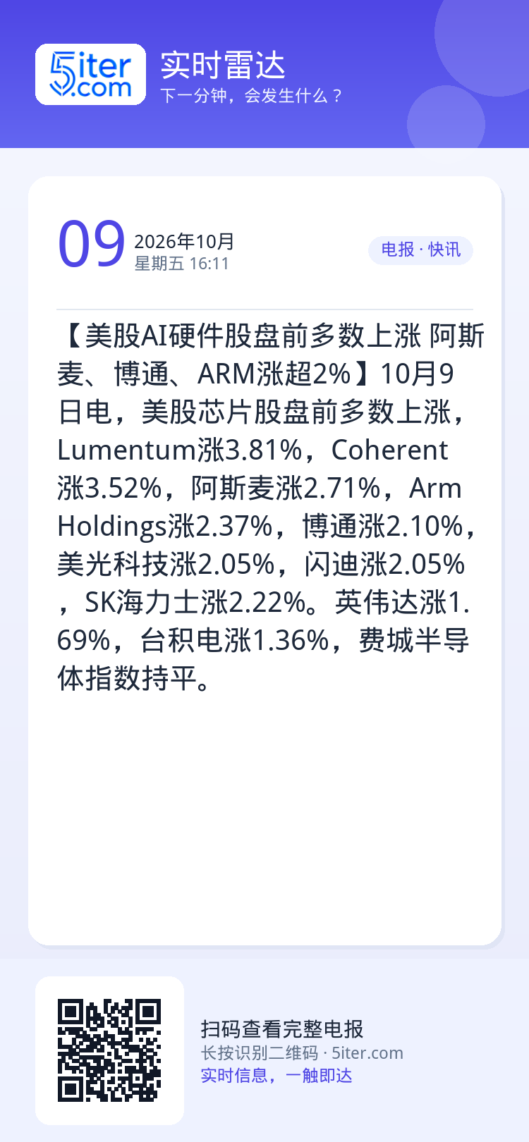 【美股AI硬件股盘前多数上涨 阿斯麦、博通、ARM涨超2%】10月9日电，美股芯片股盘前多数上涨，Lumentum涨3.