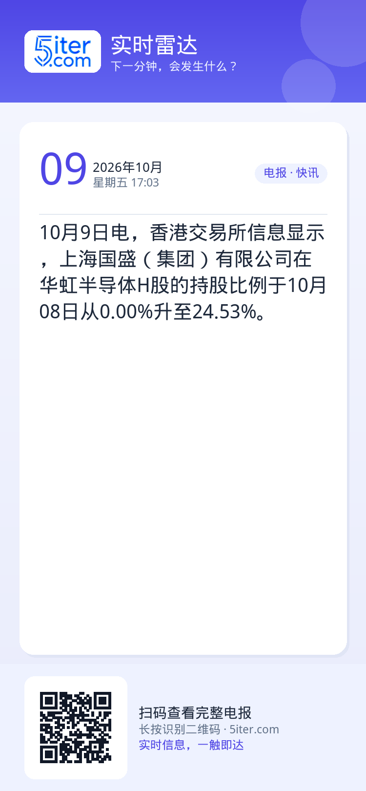 10月9日电，香港交易所信息显示，上海国盛（集团）有限公司在华虹半导体H股的持股比例于10月08日从0.00%升至24.