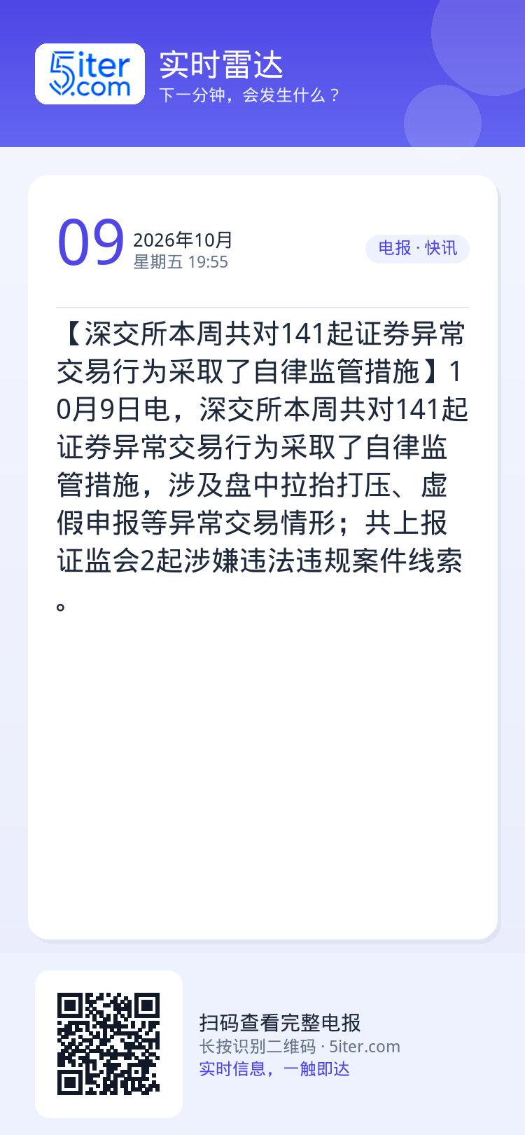 【深交所本周共对141起证券异常交易行为采取了自律监管措施】10月9日电，深交所本周共对141起证券异常交易行为采取了自