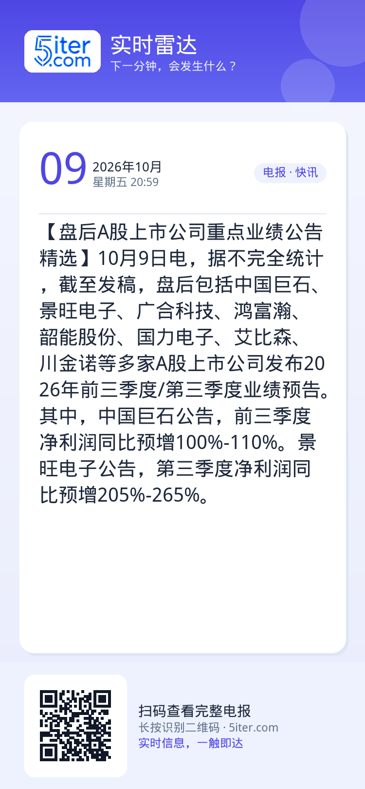 【盘后A股上市公司重点业绩公告精选】10月9日电，据不完全统计，截至发稿，盘后包括中国巨石、景旺电子、广合科技、鸿富瀚、