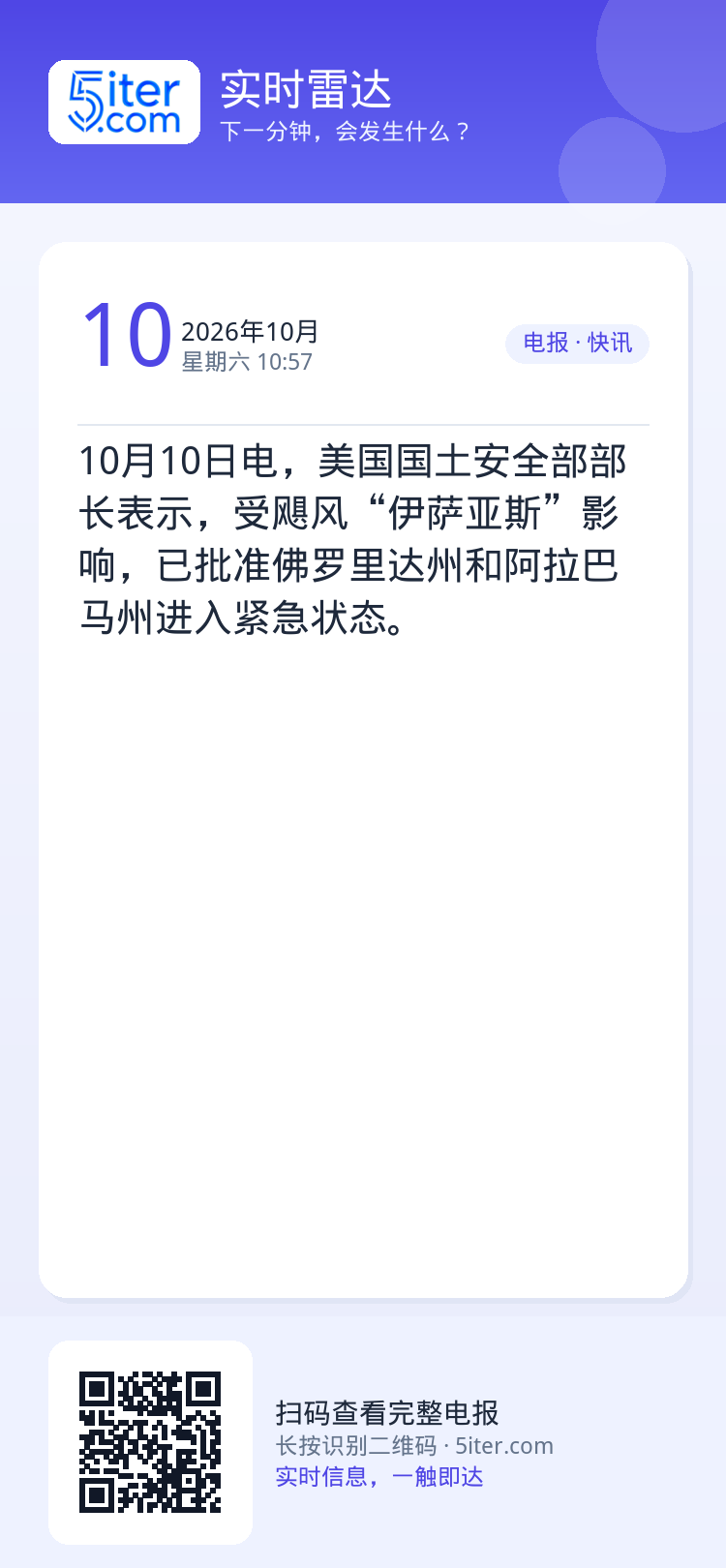 10月10日电，美国国土安全部部长表示，受飓风“伊萨亚斯”影响，已批准佛罗里达州和阿拉巴马州进入紧急状态。
