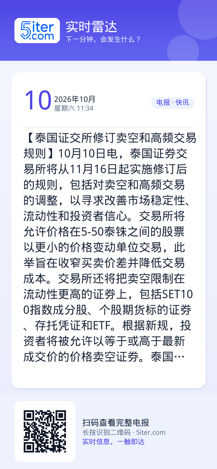 【泰国证交所修订卖空和高频交易规则】10月10日电，泰国证券交易所将从11月16日起实施修订后的规则，包括对卖空和高频交