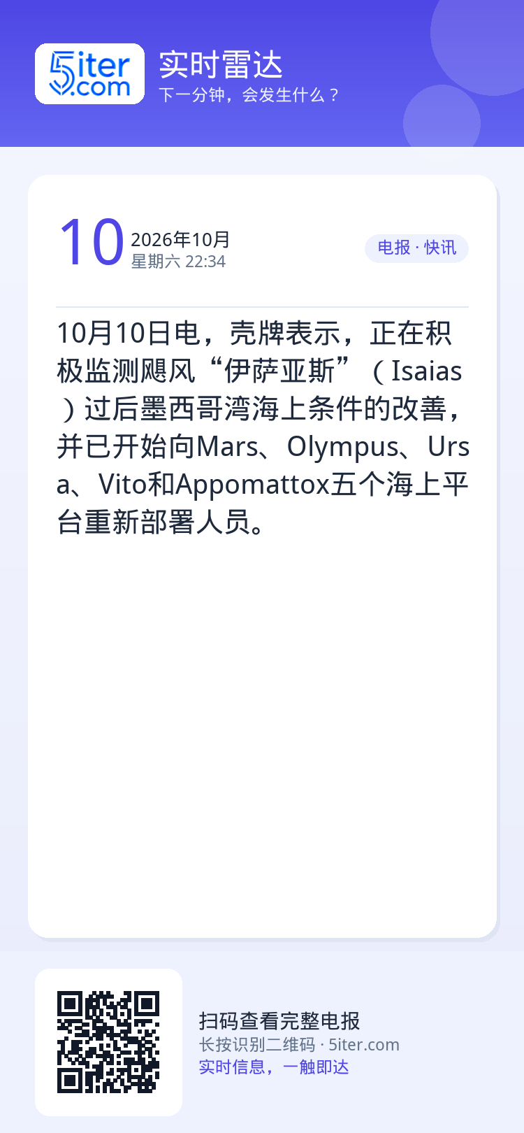 10月10日电，壳牌表示，正在积极监测飓风“伊萨亚斯”（Isaias）过后墨西哥湾海上条件的改善，并已开始向Mars、O