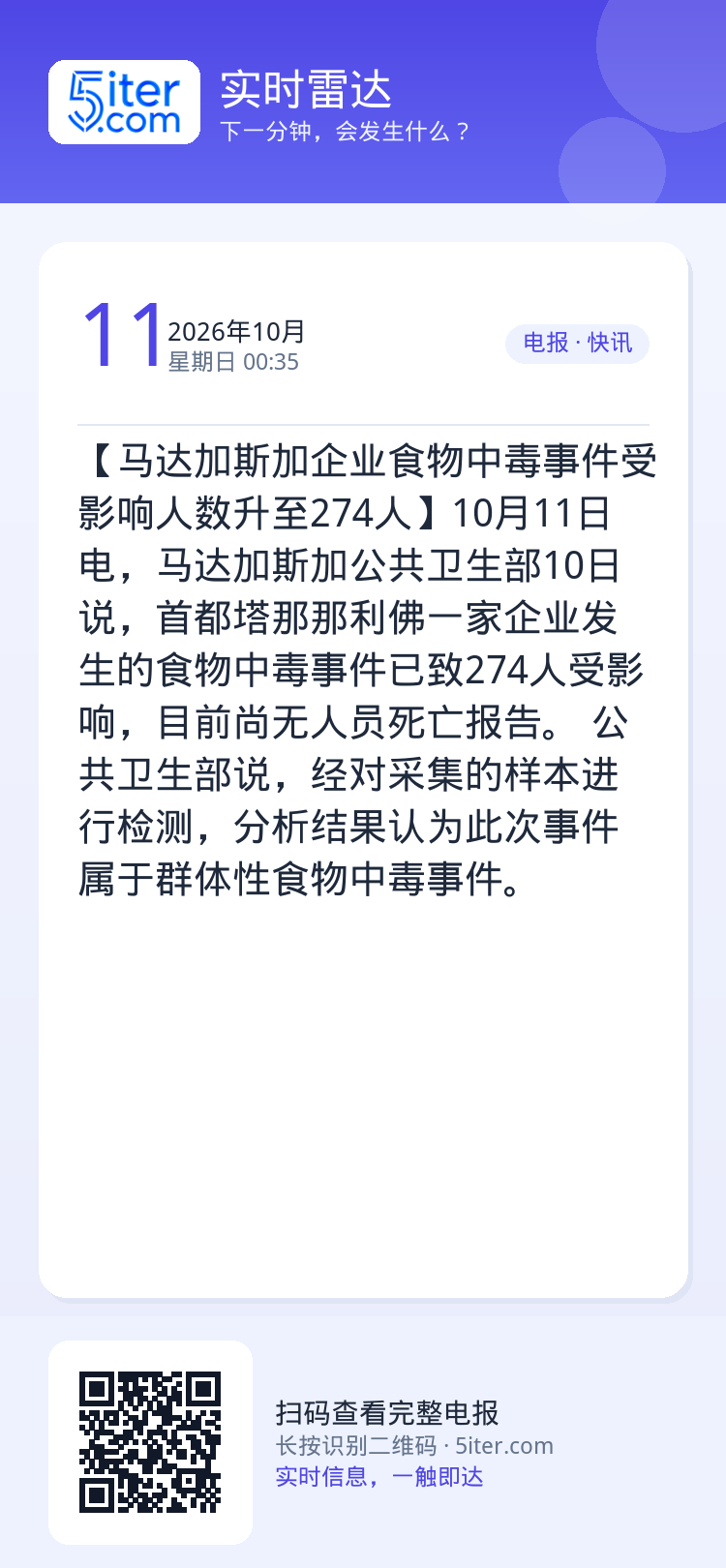 【马达加斯加企业食物中毒事件受影响人数升至274人】10月11日电，马达加斯加公共卫生部10日说，首都塔那那利佛一家企业