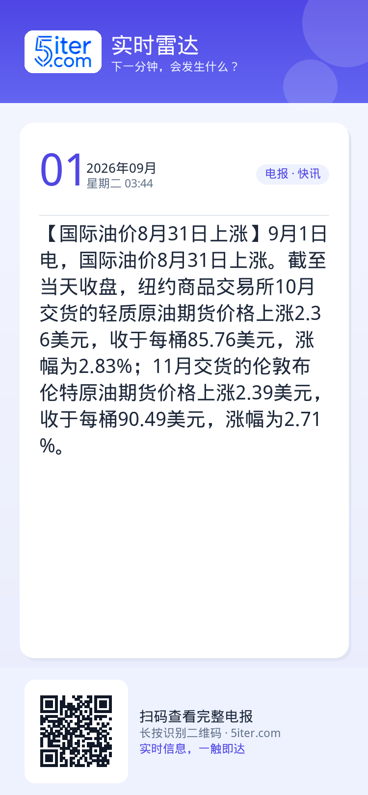【国际油价8月31日上涨】9月1日电，国际油价8月31日上涨。截至当天收盘，纽约商品交易所10月交货的轻质原油期货价格上