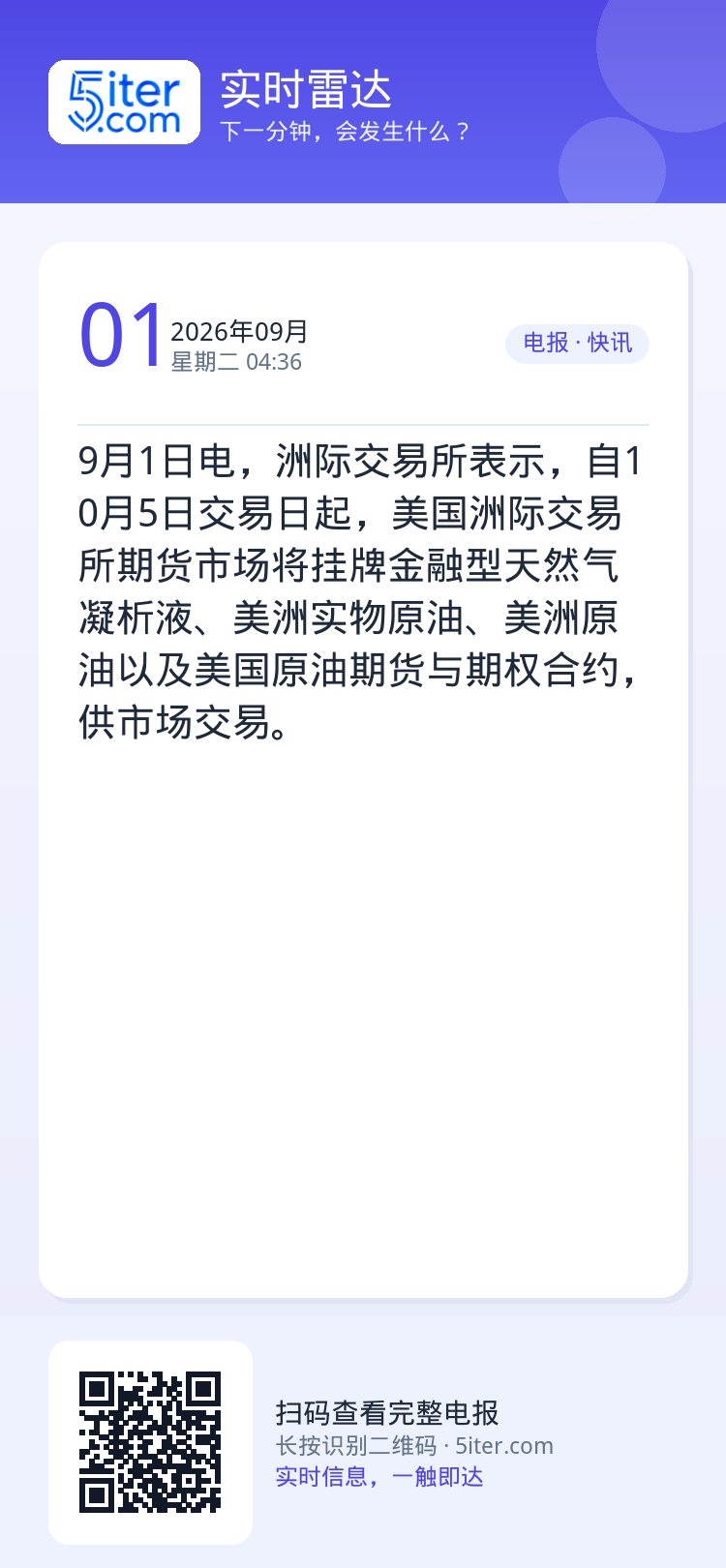 9月1日电，洲际交易所表示，自10月5日交易日起，美国洲际交易所期货市场将挂牌金融型天然气凝析液、美洲实物原油、美洲原油
