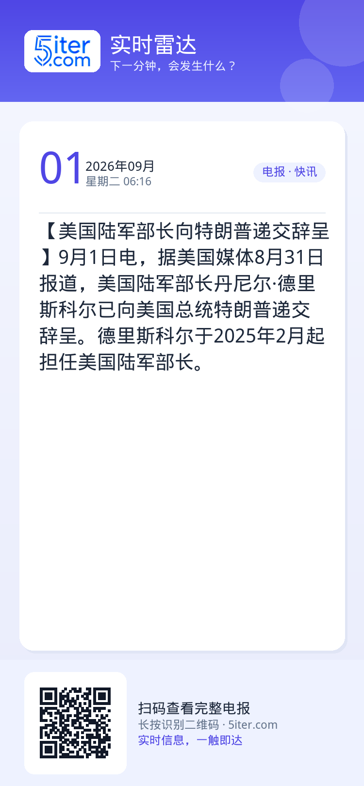 【美国陆军部长向特朗普递交辞呈】9月1日电，据美国媒体8月31日报道，美国陆军部长丹尼尔·德里斯科尔已向美国总统特朗普递