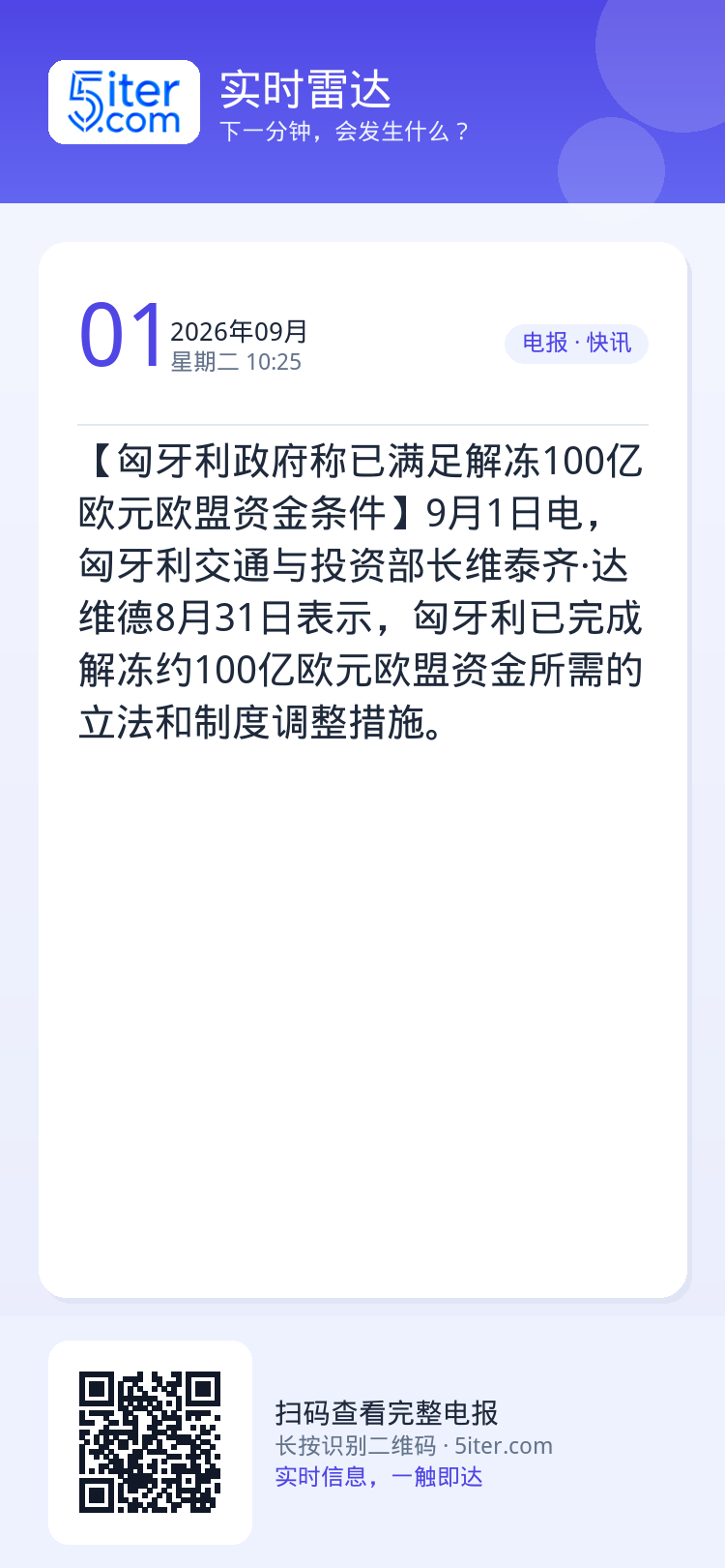 【匈牙利政府称已满足解冻100亿欧元欧盟资金条件】9月1日电，匈牙利交通与投资部长维泰齐·达维德8月31日表示，匈牙利已