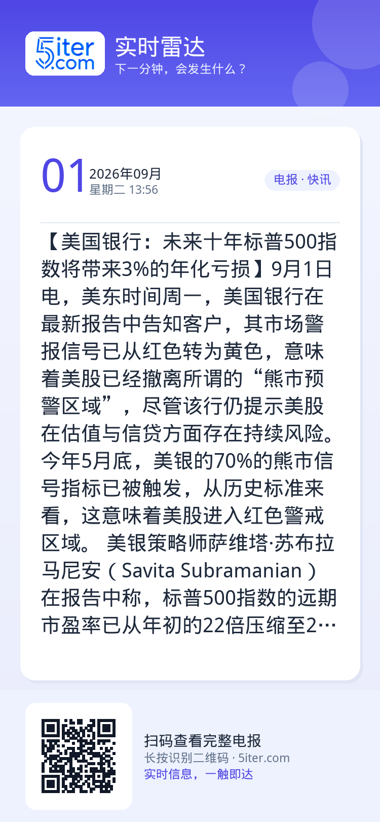 【美国银行：未来十年标普500指数将带来3%的年化亏损】9月1日电，美东时间周一，美国银行在最新报告中告知客户，其市场警