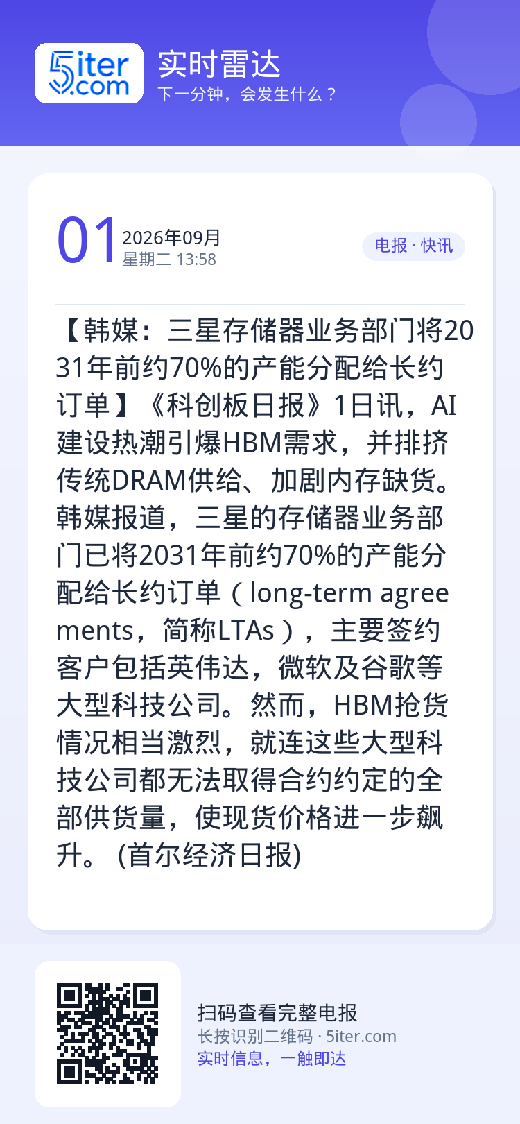 【韩媒：三星存储器业务部门将2031年前约70%的产能分配给长约订单】《科创板日报》1日讯，AI建设热潮引爆HBM需求，