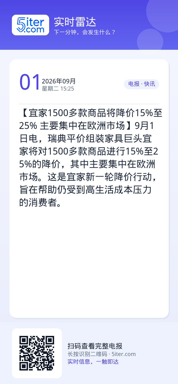【宜家1500多款商品将降价15%至25% 主要集中在欧洲市场】9月1日电，瑞典平价组装家具巨头宜家将对1500多款商品