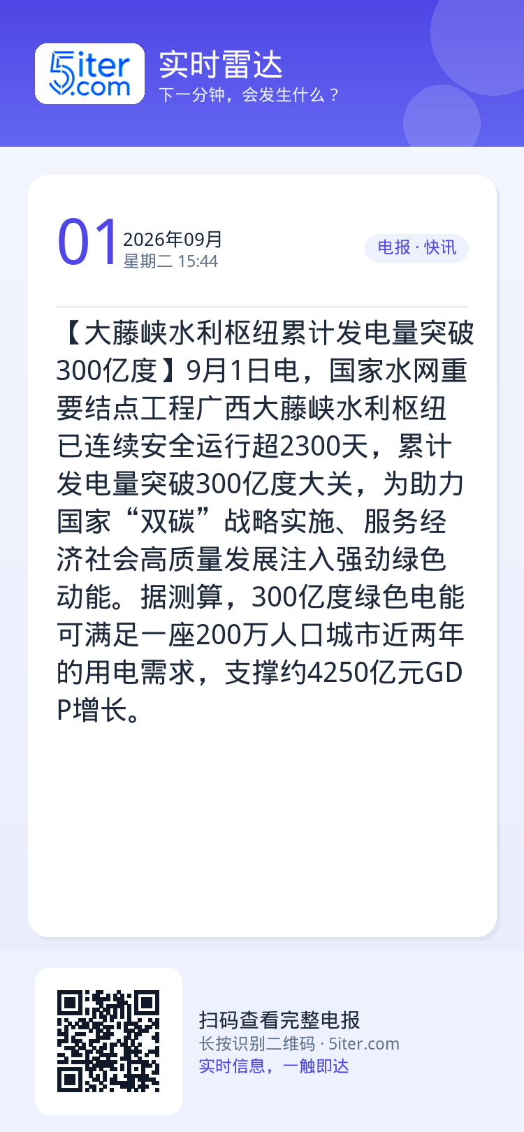 【大藤峡水利枢纽累计发电量突破300亿度】9月1日电，国家水网重要结点工程广西大藤峡水利枢纽已连续安全运行超2300天，