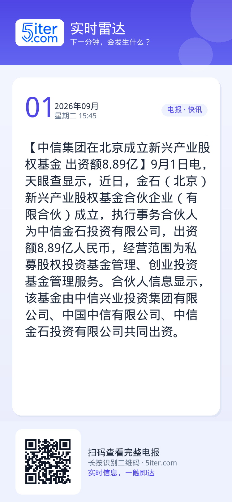 【中信集团在北京成立新兴产业股权基金 出资额8.89亿】9月1日电，天眼查显示，近日，金石（北京）新兴产业股权基金合伙企