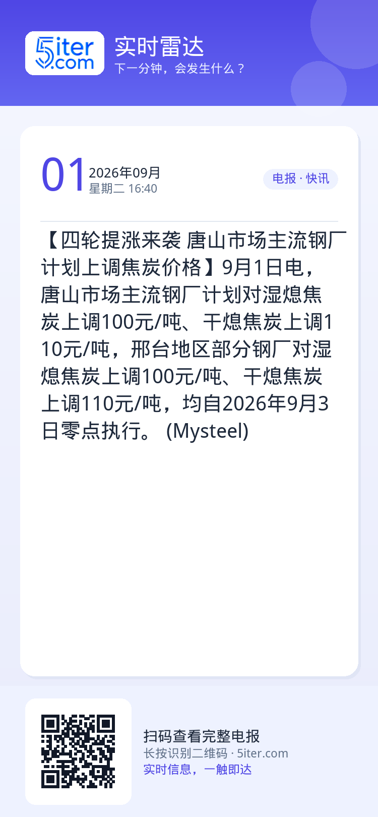 【四轮提涨来袭 唐山市场主流钢厂计划上调焦炭价格】9月1日电，唐山市场主流钢厂计划对湿熄焦炭上调100元/吨、干熄焦炭上