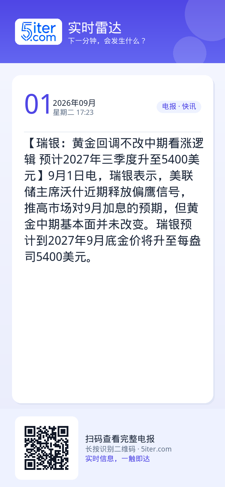 【瑞银：黄金回调不改中期看涨逻辑 预计2027年三季度升至5400美元】9月1日电，瑞银表示，美联储主席沃什近期释放偏鹰