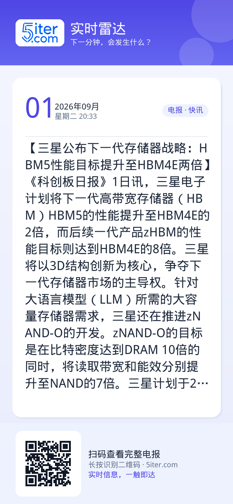 【三星公布下一代存储器战略：HBM5性能目标提升至HBM4E两倍】《科创板日报》1日讯，三星电子计划将下一代高带宽存储器
