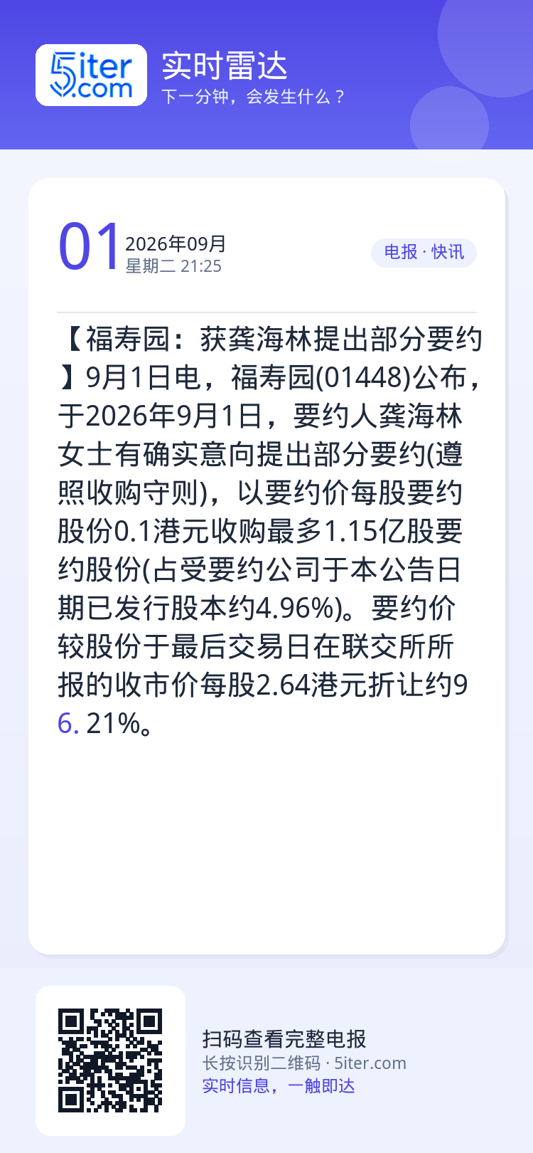 【福寿园：获龚海林提出部分要约】9月1日电，福寿园(01448)公布，于2026年9月1日，要约人龚海林女士有确实意向提
