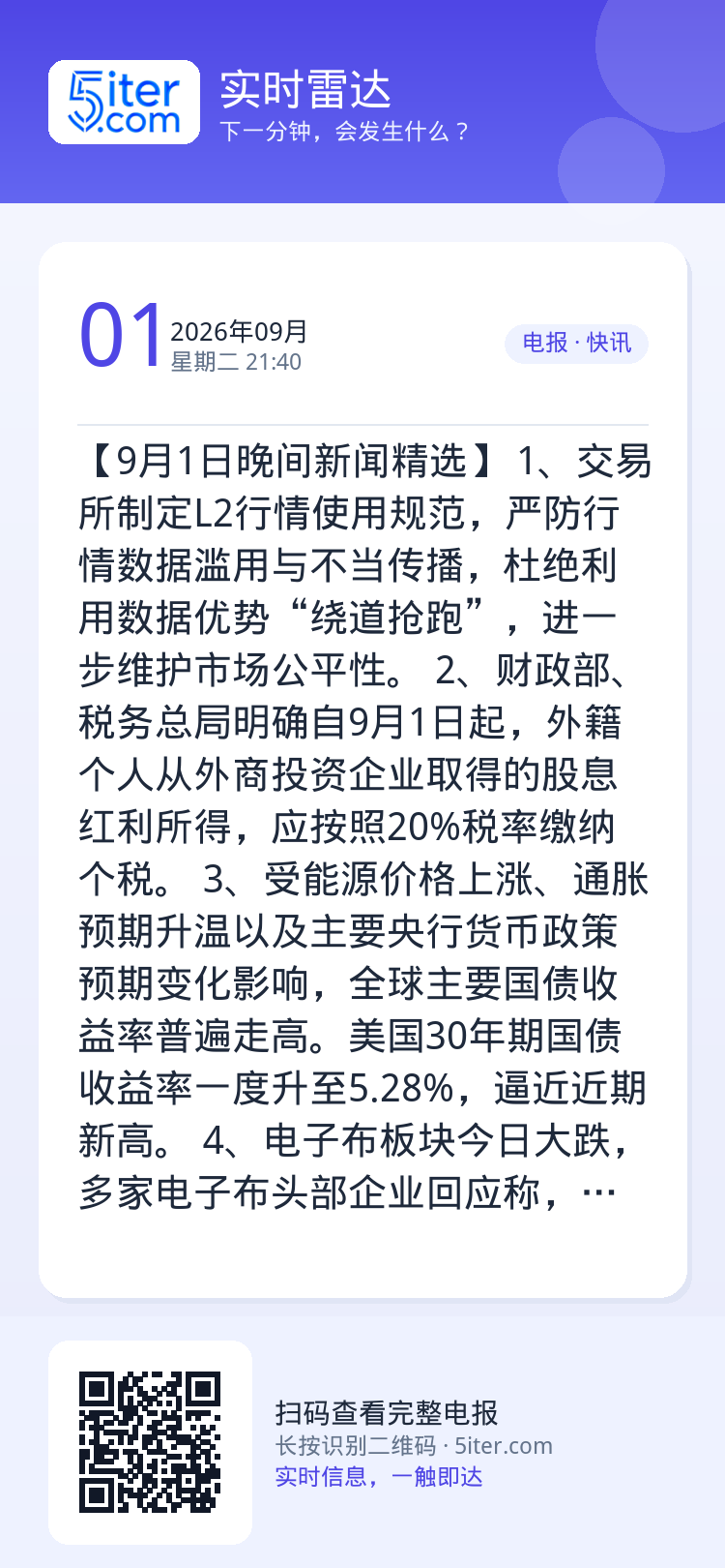 【9月1日晚间新闻精选】
1、交易所制定L2行情使用规范，严防行情数据滥用与不当传播，杜绝利用数据优势“绕道抢跑”，进一