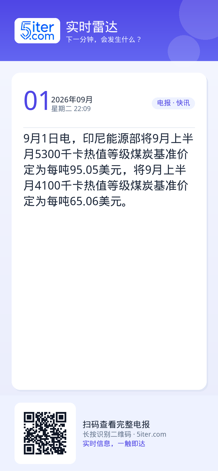 9月1日电，印尼能源部将9月上半月5300千卡热值等级煤炭基准价定为每吨95.05美元，将9月上半月4100千卡热值等级