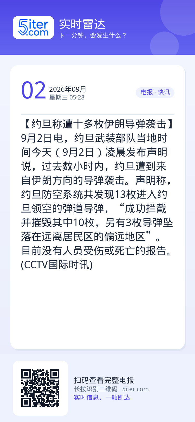 【约旦称遭十多枚伊朗导弹袭击】9月2日电，约旦武装部队当地时间今天（9月2日）凌晨发布声明说，过去数小时内，约旦遭到来自