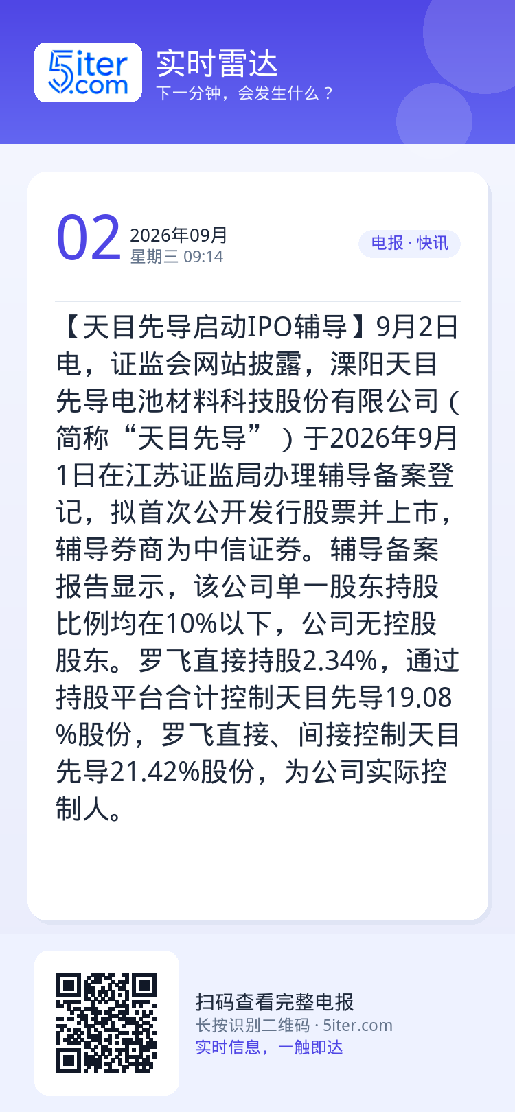 【天目先导启动IPO辅导】9月2日电，证监会网站披露，溧阳天目先导电池材料科技股份有限公司（简称“天目先导”）于2026
