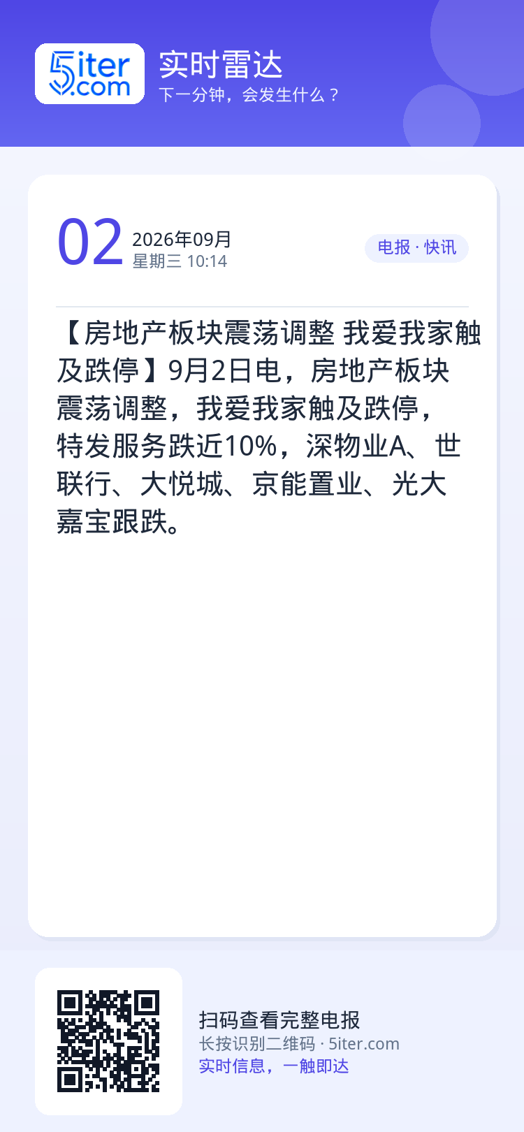 【房地产板块震荡调整 我爱我家触及跌停】9月2日电，房地产板块震荡调整，我爱我家触及跌停，特发服务跌近10%，深物业A、