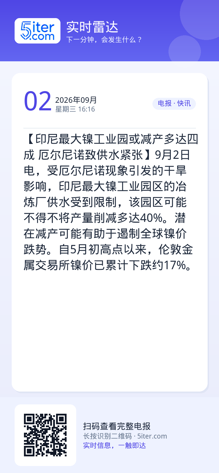 【印尼最大镍工业园或减产多达四成 厄尔尼诺致供水紧张】9月2日电，受厄尔尼诺现象引发的干旱影响，印尼最大镍工业园区的冶炼