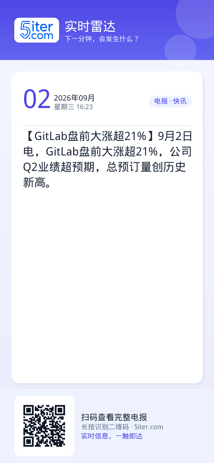 【GitLab盘前大涨超21%】9月2日电，GitLab盘前大涨超21%，公司Q2业绩超预期，总预订量创历史新高。