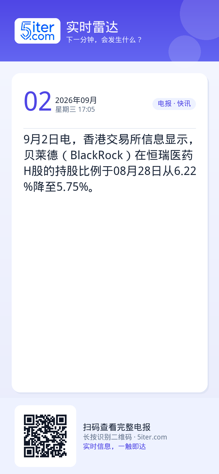 9月2日电，香港交易所信息显示，贝莱德（BlackRock）在恒瑞医药H股的持股比例于08月28日从6.22%降至5.7