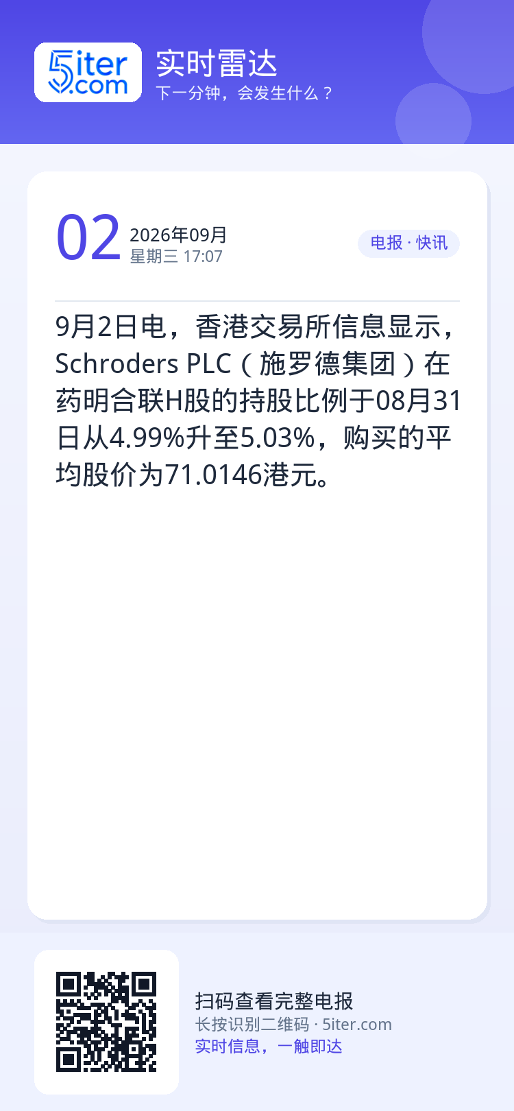 9月2日电，香港交易所信息显示，Schroders PLC（施罗德集团）在药明合联H股的持股比例于08月31日从4.99