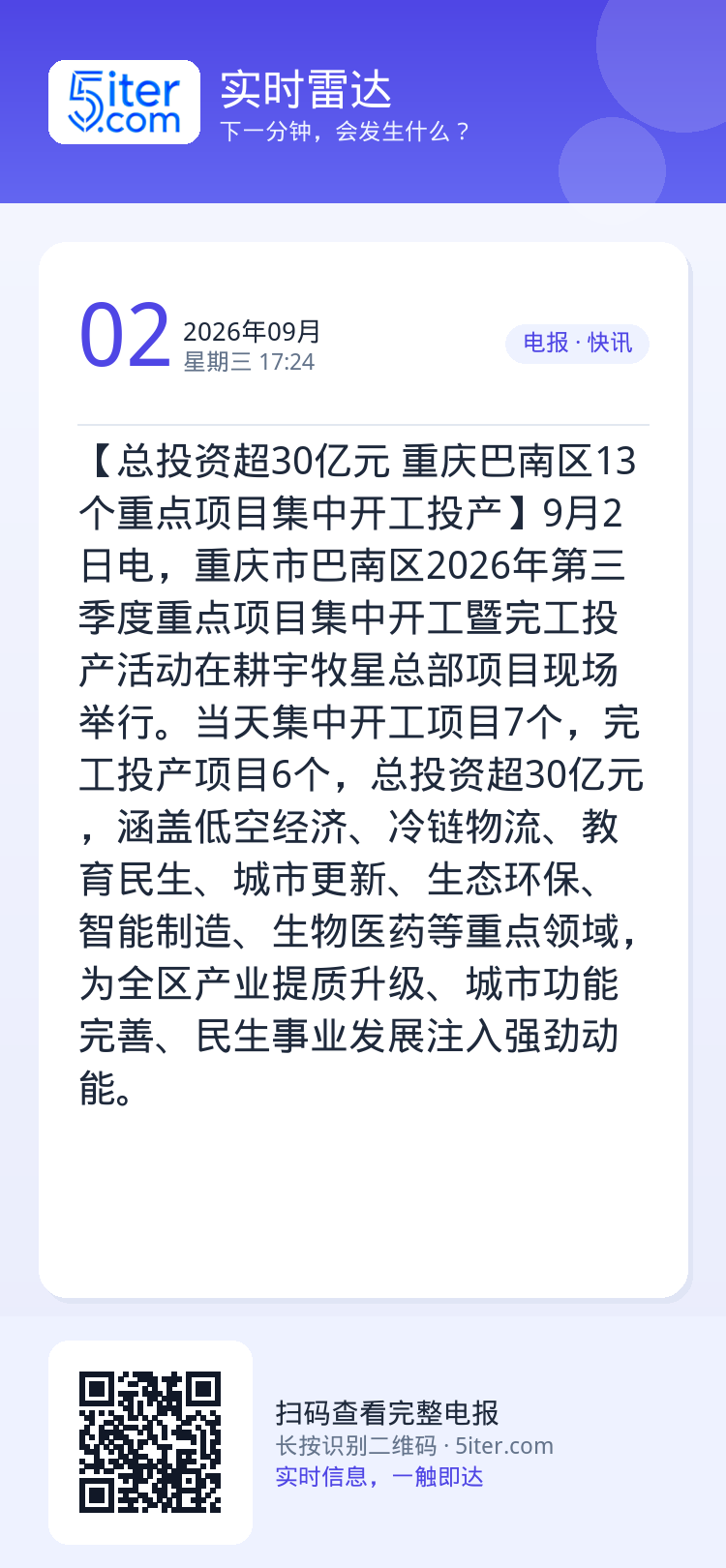 【总投资超30亿元 重庆巴南区13个重点项目集中开工投产】9月2日电，重庆市巴南区2026年第三季度重点项目集中开工暨完