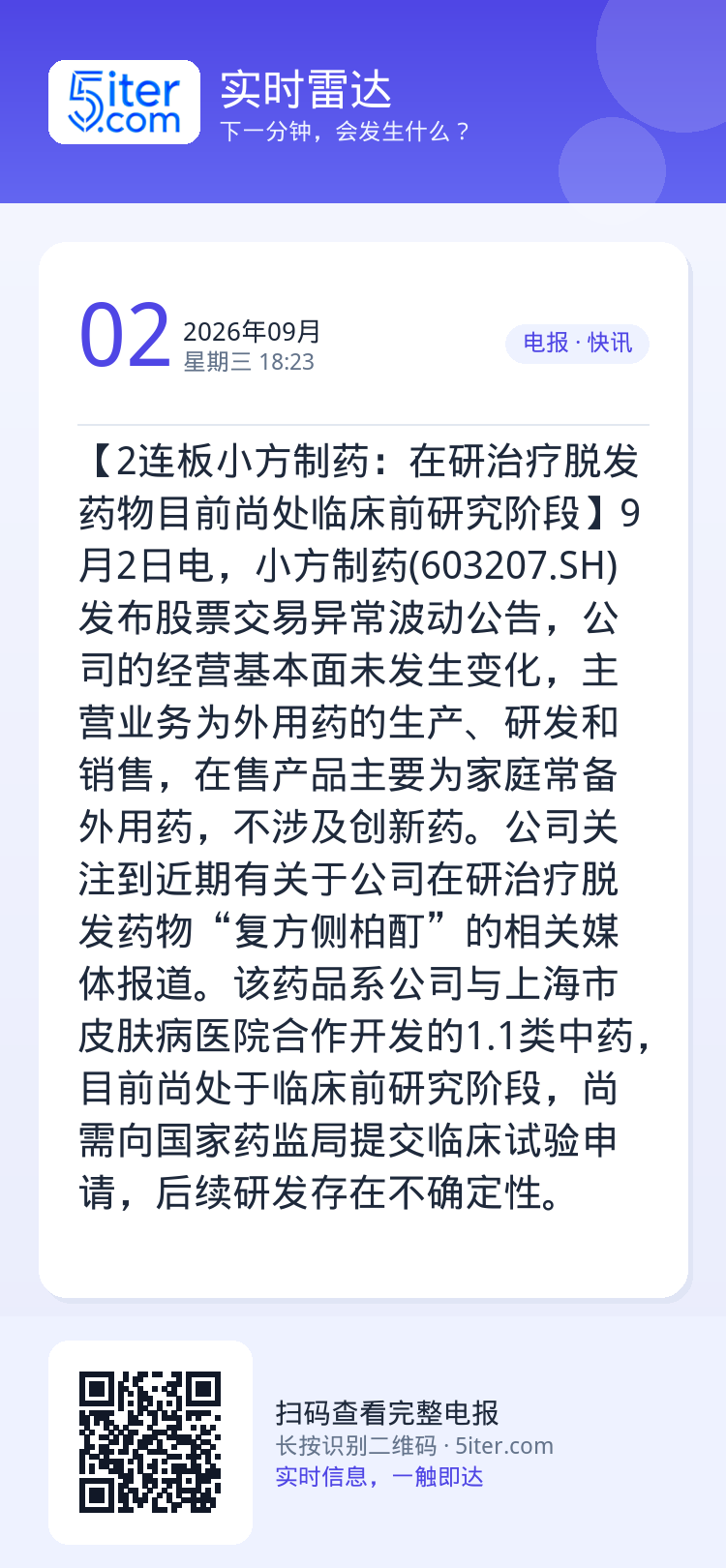 【2连板小方制药：在研治疗脱发药物目前尚处临床前研究阶段】9月2日电，小方制药(603207.SH)发布股票交易异常波动