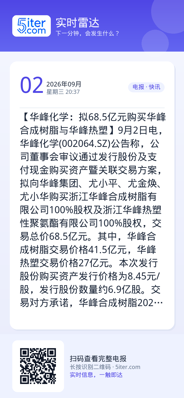 【华峰化学：拟68.5亿元购买华峰合成树脂与华峰热塑】9月2日电，华峰化学(002064.SZ)公告称，公司董事会审议通