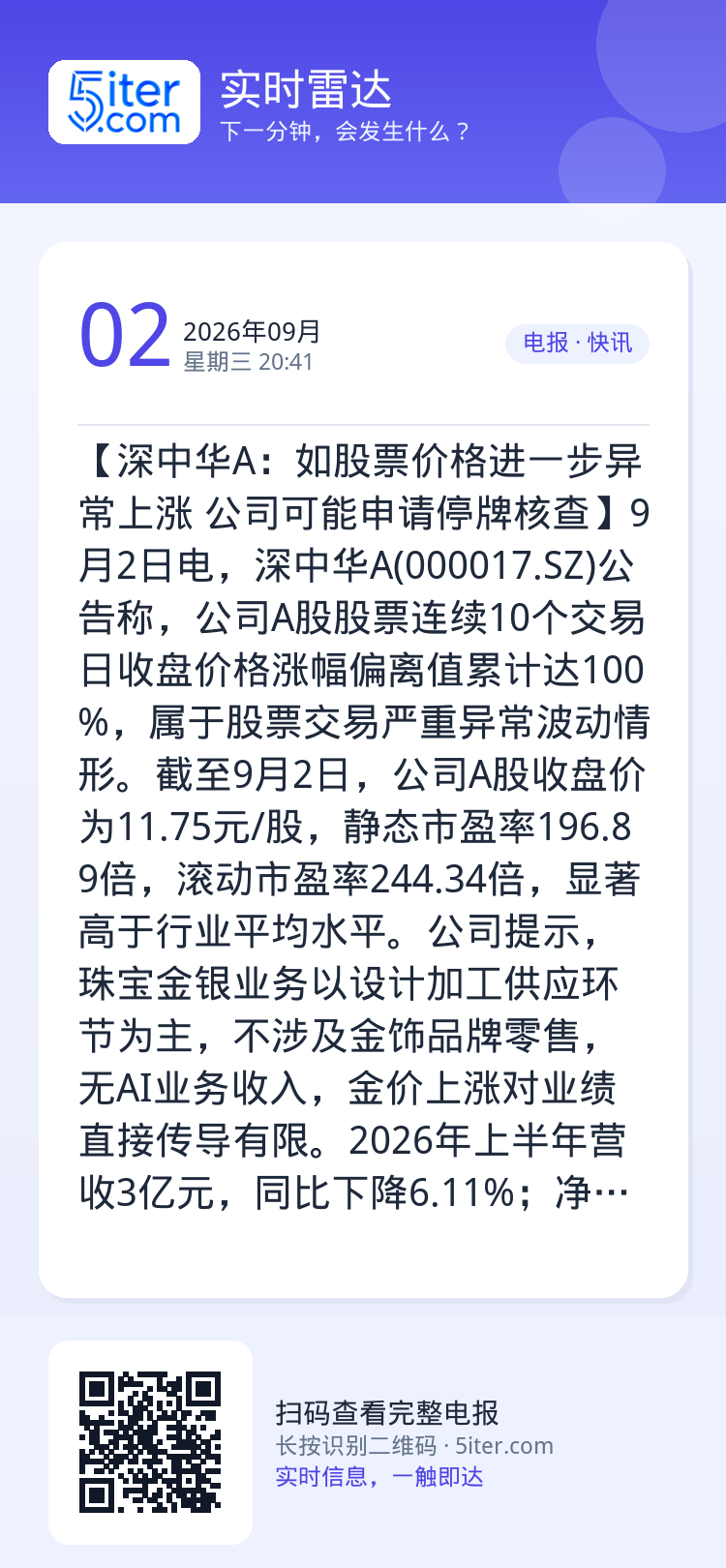 【深中华A：如股票价格进一步异常上涨 公司可能申请停牌核查】9月2日电，深中华A(000017.SZ)公告称，公司A股股