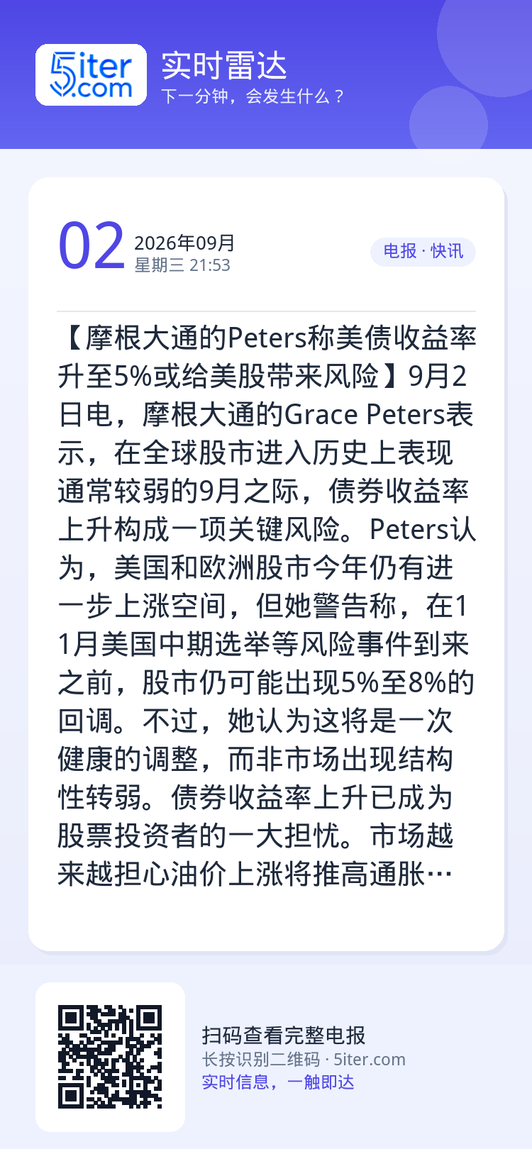 【摩根大通的Peters称美债收益率升至5%或给美股带来风险】9月2日电，摩根大通的Grace Peters表示，在全球