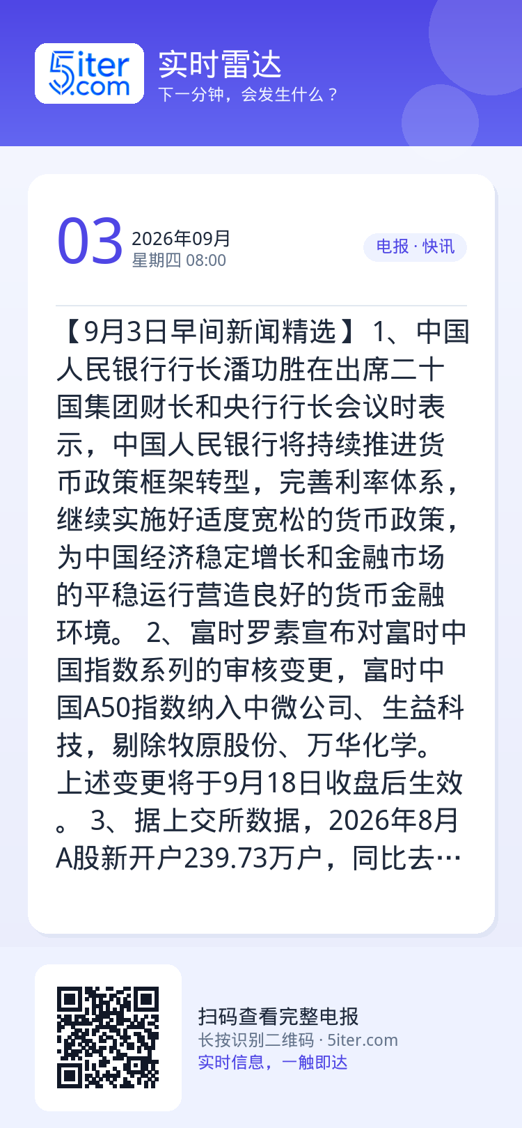 【9月3日早间新闻精选】 
1、中国人民银行行长潘功胜在出席二十国集团财长和央行行长会议时表示，中国人民银行将持续推进货