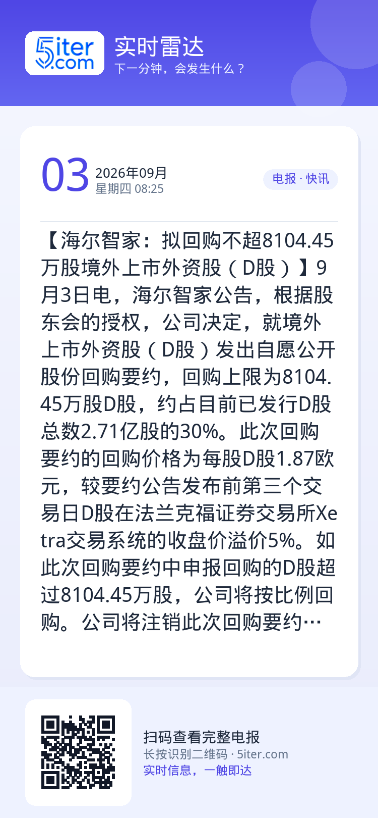 【海尔智家：拟回购不超8104.45万股境外上市外资股（D股）】9月3日电，海尔智家公告，根据股东会的授权，公司决定，就