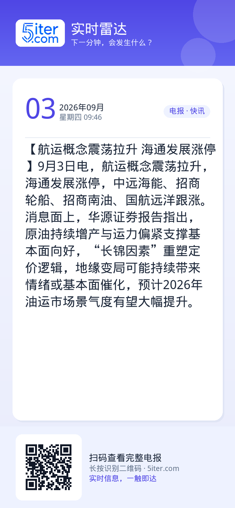 【航运概念震荡拉升 海通发展涨停】9月3日电，航运概念震荡拉升，海通发展涨停，中远海能、招商轮船、招商南油、国航远洋跟涨