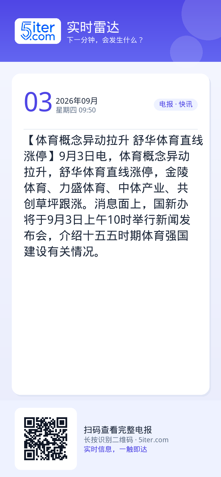 【体育概念异动拉升 舒华体育直线涨停】9月3日电，体育概念异动拉升，舒华体育直线涨停，金陵体育、力盛体育、中体产业、共创